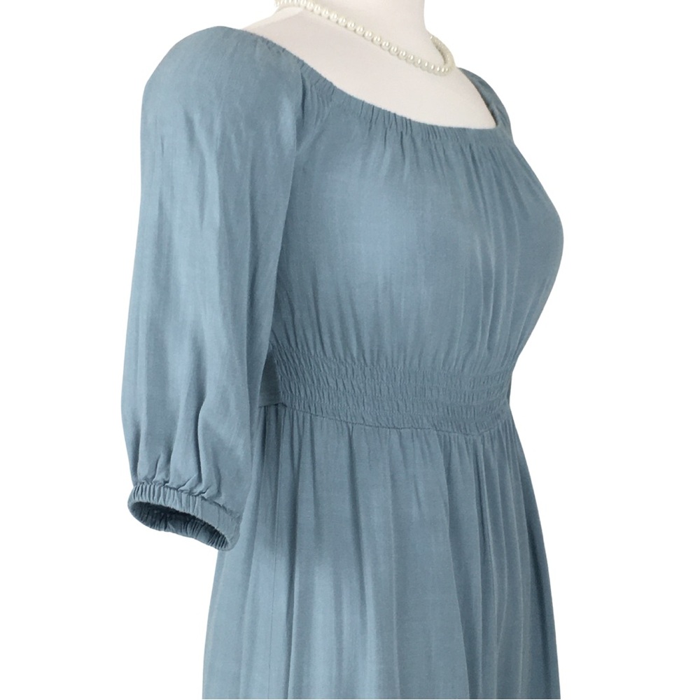 Forever 21 Chambray Blue Off Shoulder 3/4 Sleeve Smocked Waist Maxi Dress Small - Picture 6 of 13